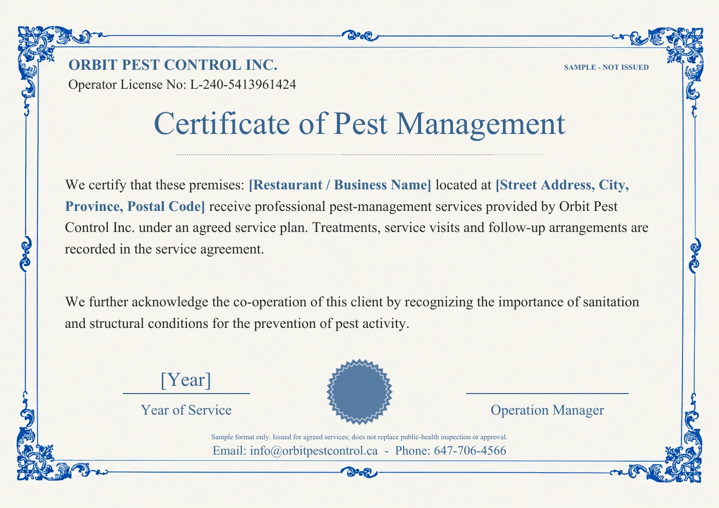 Sample Orbit Certificate of Pest Management with placeholder restaurant details
